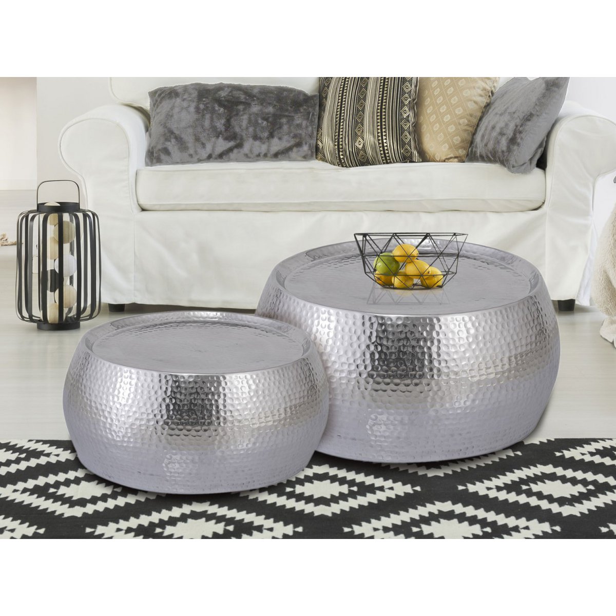 Couchtisch 2er Set Dakar rund ø 59/48 x H 30/28 cm silber Aluminium gehämmert