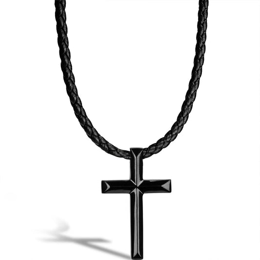 Halskette "KREUZ" in SCHWARZ mit poliertem EDELSTAHL Anhänger und einer Kette aus Rindsleder