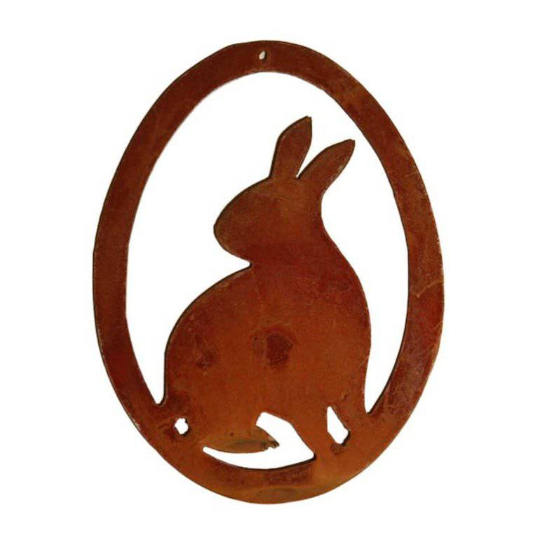 Rost Deko Hase im Ei | Fensterdeko hängend zu Ostern | 15 cm x 11 cm | sitzender Hase | Ostereier zum aufhängen - HOLE-X-WORLD