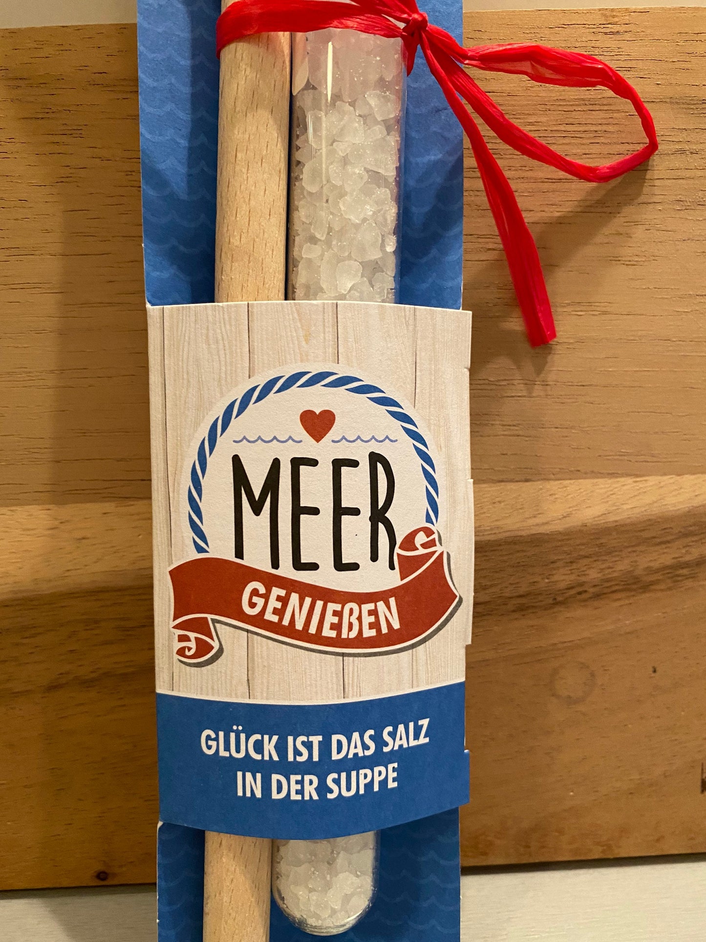 Geschenkset Kochlöffel MEER GENIEßEN aus Buchenholz plus Reagenzglas mit Meersalz