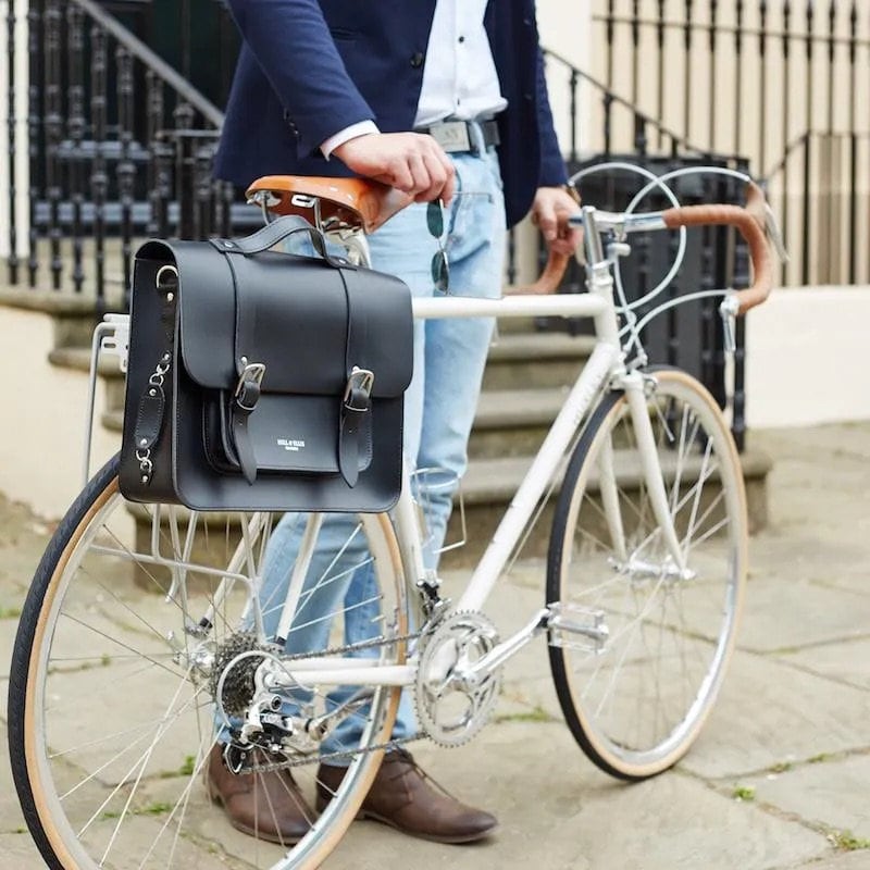 HILL & ELLIES "BYRON" Fahrradtasche Schultasche schwarz Leder handgefertigt umweltfreundlich hergestellt im Vereinigten Königreich