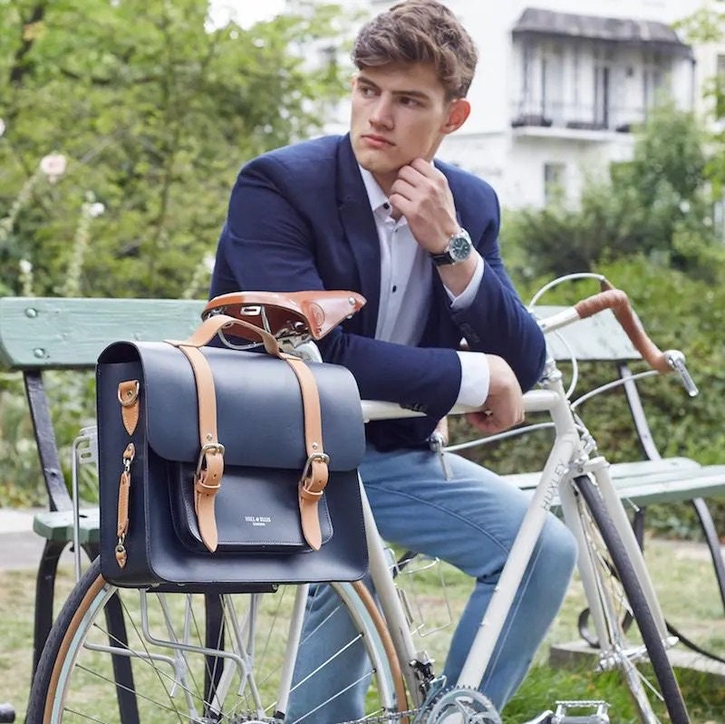 HILL & ELLIES "Professor" Fahrradtasche marineblau Leder handgefertigt umweltfreundlich hergestellt im Vereinigten Königreich