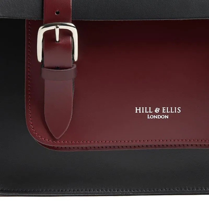 HILL & ELLIES "ALFIE" Fahrradtasche Schultasche schwarz rot Leder handgefertigt umweltfreundlich hergestellt im Vereinigten Königreich