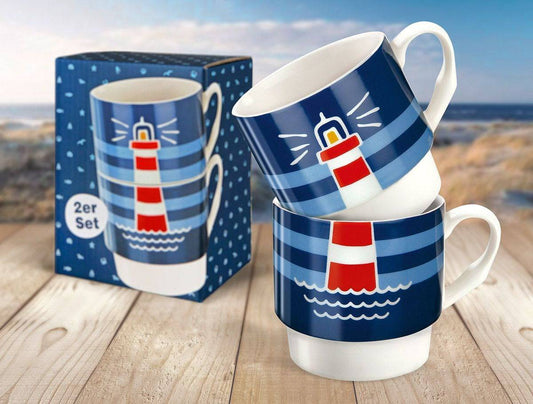 STRANDGUT - Stapeltasse "LEUCHTTURM"  2tlg. Porzellan tolles Geschenk oder Mitbringsel - HOLE-X-WORLD