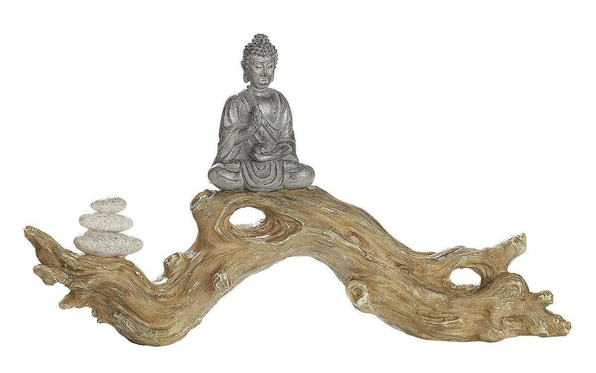 Buddha Figur betend auf Baumstamm Meditation 32 cm breit Dekofigur