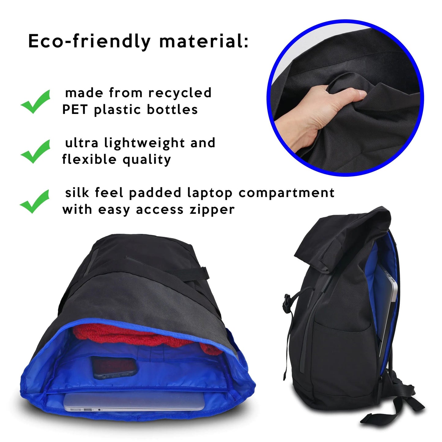 ULTRA LEICHT Rolltop Eco Rucksack Damen & Herren, wasserabweisend, aus recycelten PET Flaschen, schwarz von Bomence