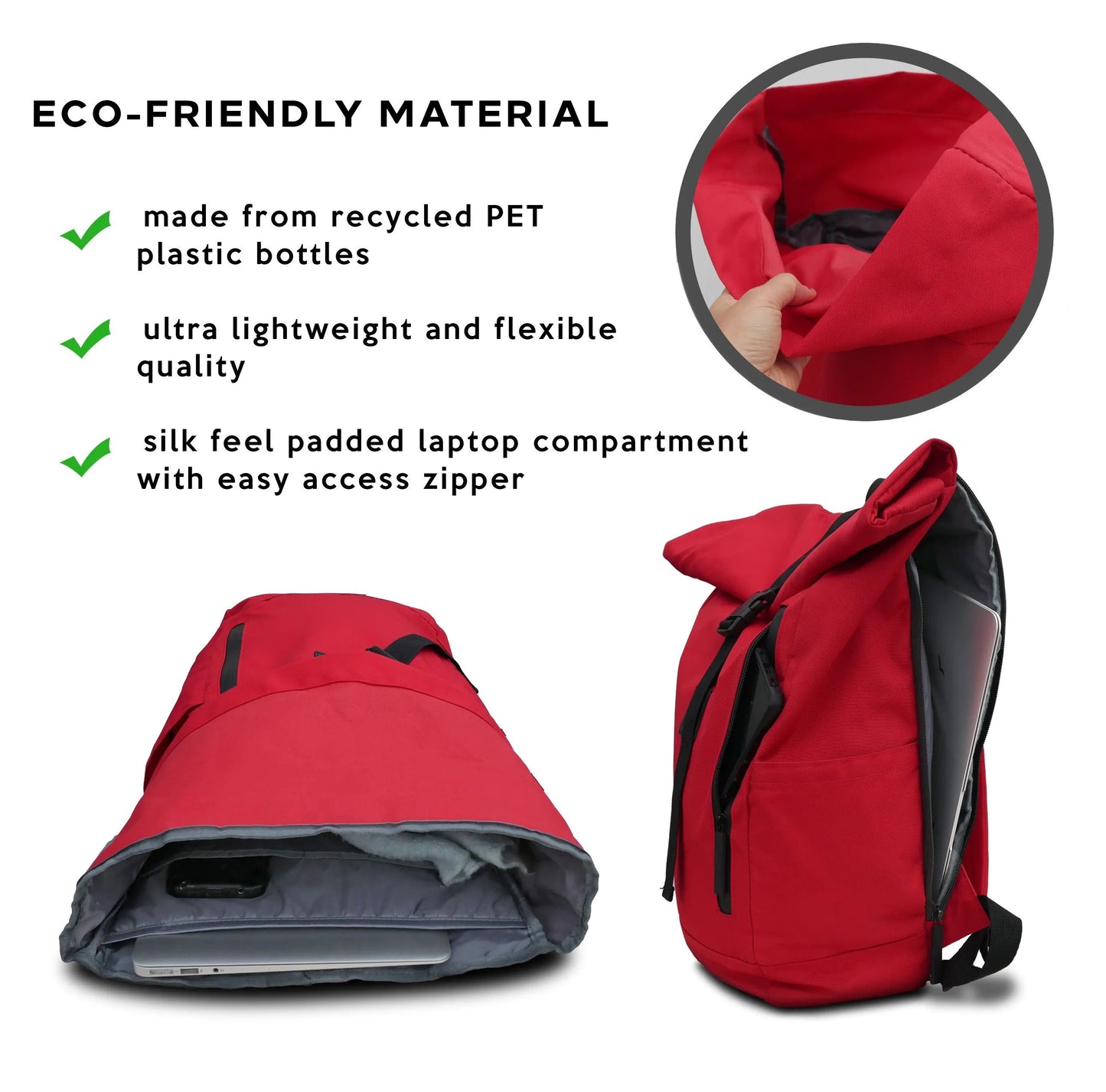 ULTRA LEICHT Rolltop Eco Rucksack Damen & Herren, wasserabweisend, aus recycelten PET Flaschen, rot von Bomence