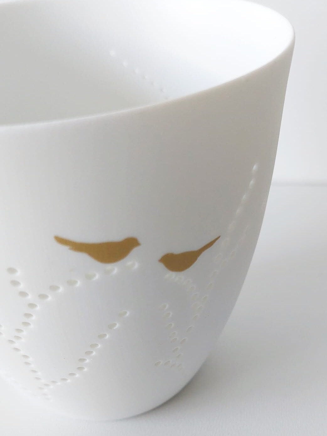 Poesielicht klein VÖGEL von Räder aus hauchzarten weißem Porzellan mit goldenen Vögeln, Teelicht, Kerzenhalter