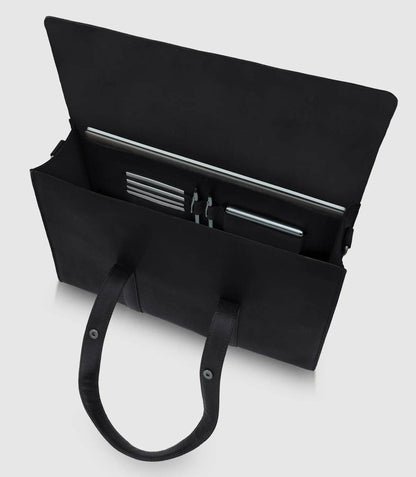 Aktentasche LESATH Midnight Black aus gegerbtem Rindsleder mit Innenfutter aus Leder von PURE Leder-Studio München - HOLE-X