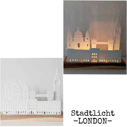Lichtobjekt LONDON von RÄDER aus weißem Porzellan und Akazienholz, handgefertigt, Teelicht, Kerzenhalter