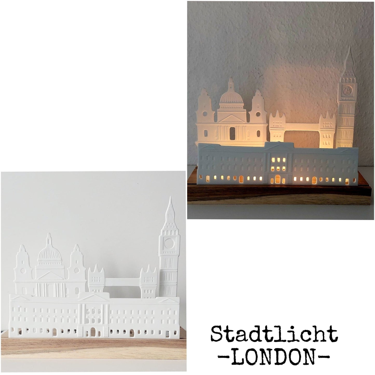 Lichtobjekt LONDON von RÄDER aus weißem Porzellan und Akazienholz, handgefertigt, Teelicht, Kerzenhalter