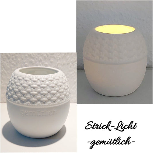 STRICK-Licht GEMÜTLICH aus weißem Porzellan, Teelicht, Kerzenhalter von Räder Design