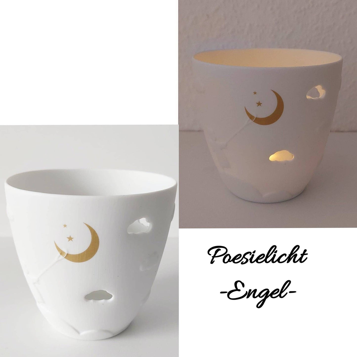 Poesielicht / Weihnachtslicht ENGEL von RÄDER  aus weißem, matten Porzellan mit Ausstanzungen und goldenem Decal