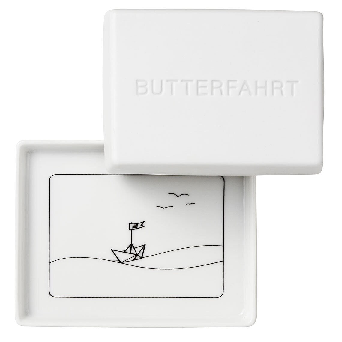 Butterdose "BUTTERFAHRT" aus weißem, matten Porzellan